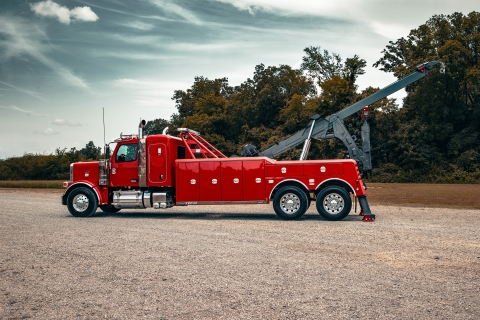 Century 5230 on a red peterbilt 589 chassis profile photo stretched