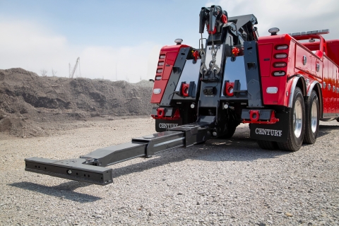 Century 5230 on a red peterbilt 589 chassis underlift extended